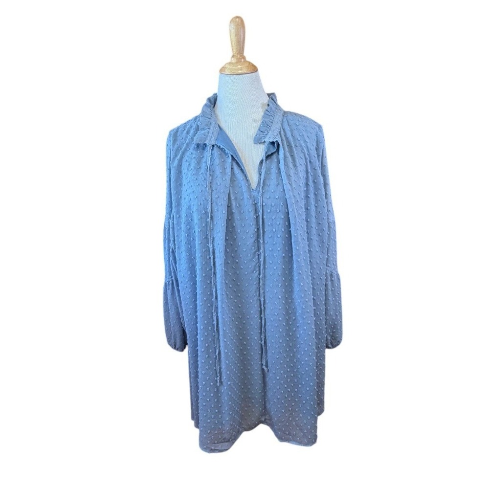 Umgee USA Light Blue Swiss Dot Tunic Dress Ruffle Sleeve Plus Size 2XL WG2184